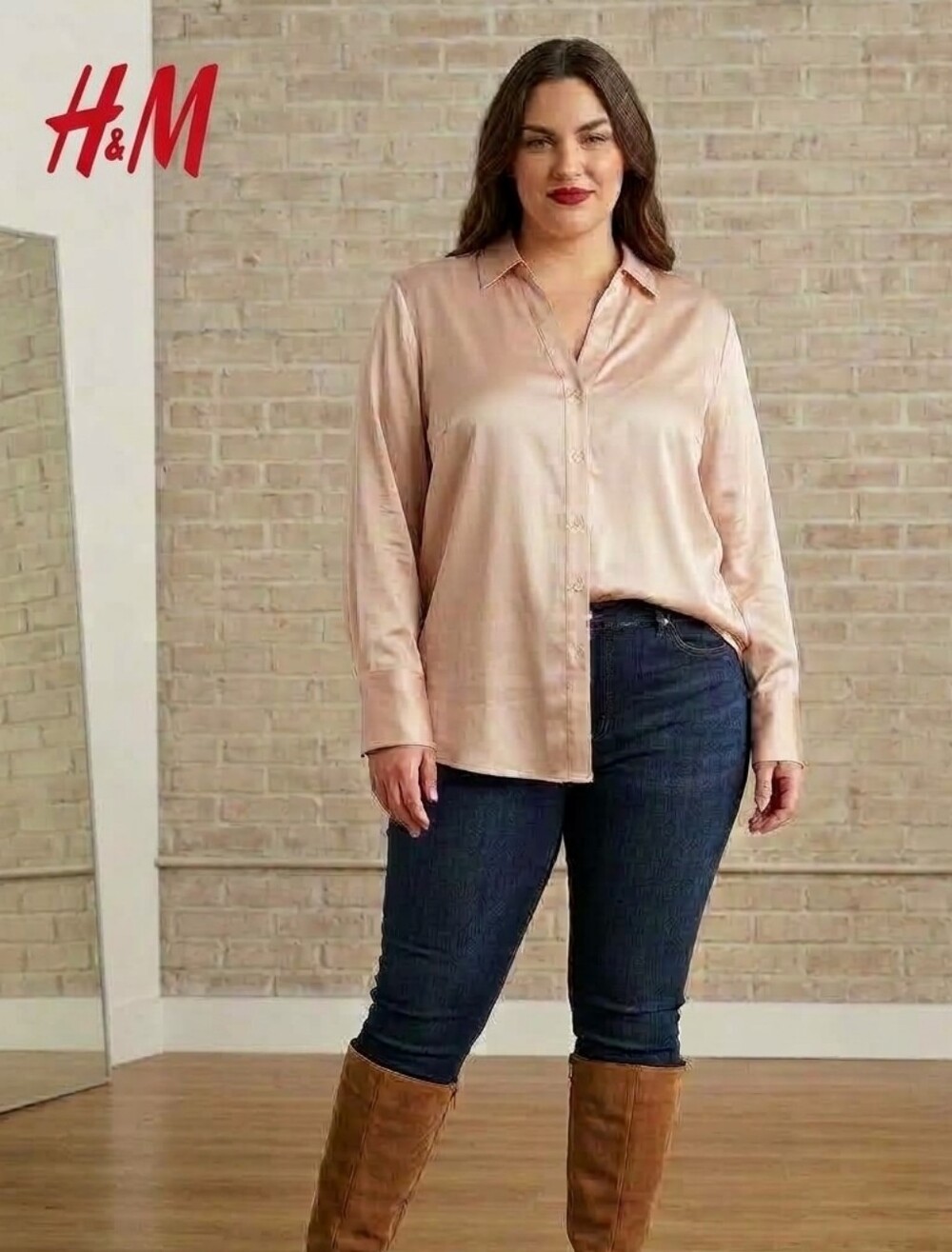H&M Pink Satin V-Neck Button-Down Blouse - Size XL
